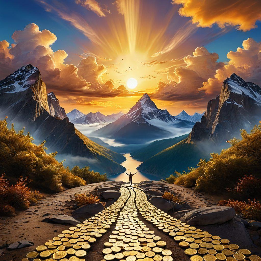A serene landscape with a person standing on top of a mountain, arms wide open symbolizing freedom, surrounded by clouds with financial symbols like dollar signs and credit cards drifting around. In the background, a sunrise illuminates a pathway made of golden coins leading to a horizon of opportunities. The mood should inspire hope and success. vibrant colors. super-realistic.