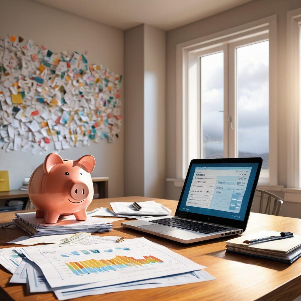 A split scene showcasing two worlds: on one side, an individual happily tearing up debt bills in a bright, airy room symbolizing debt relief; on the other side, the same individual thoughtfully analyzing investment charts at a desk filled with financial reports and a laptop. The background transitions from clutter to clarity, depicting a journey from financial stress to prosperity. Integrate elements like a piggy bank, stocks graph, and the contrast of dark clouds giving way to sunlight. super-realistic. vibrant colors. 3D.