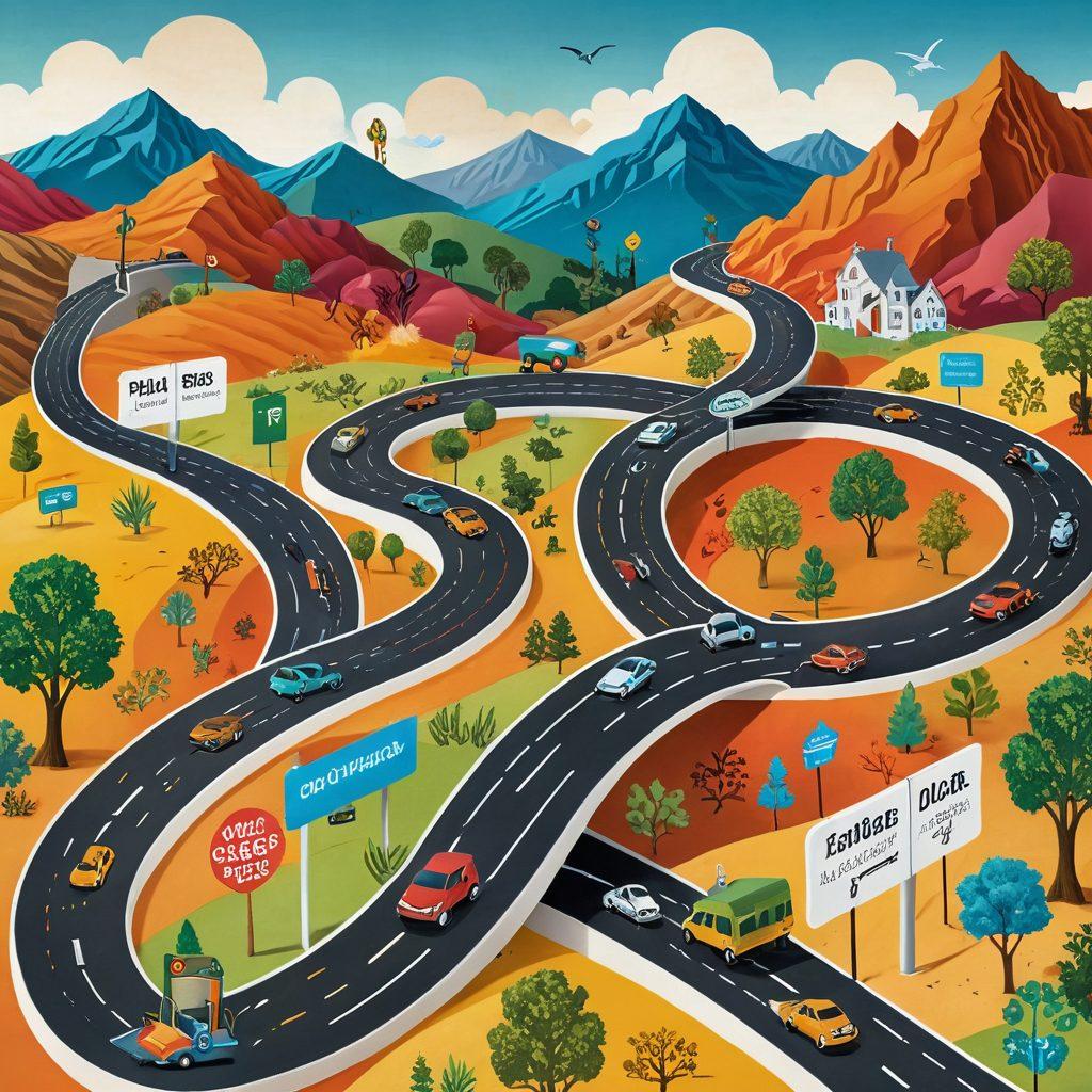 A visually engaging roadmap winding through a landscape filled with various credit and loan symbols, such as dollar signs, magnifying glasses, and credit cards along the path. Incorporate diverse characters (young professionals, families, retirees) confidently navigating the route, illustrating empowerment through financial choices. Bright colors and clear signage to depict clarity and guidance. super-realistic. vibrant colors. white background.